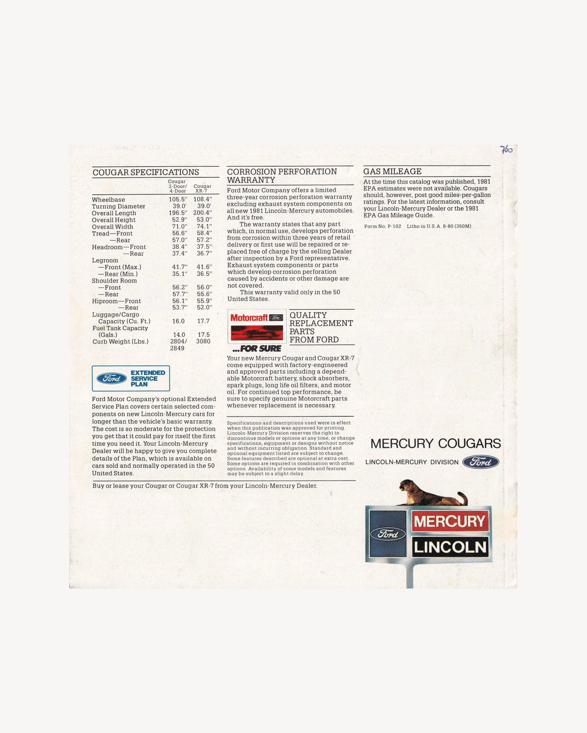 Mercury Cougar 1981 Catalogue Catalogues Lincoln-Mercury Ford