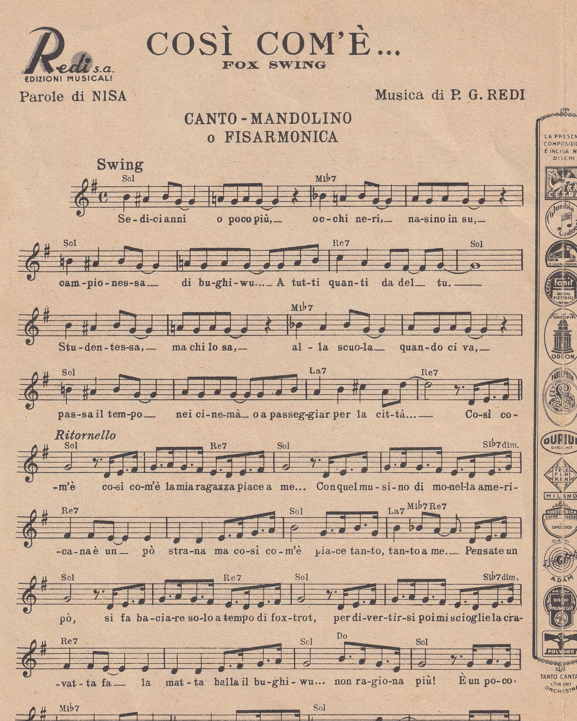 Music booklet - Così Com’è 1947 Old Books Props!